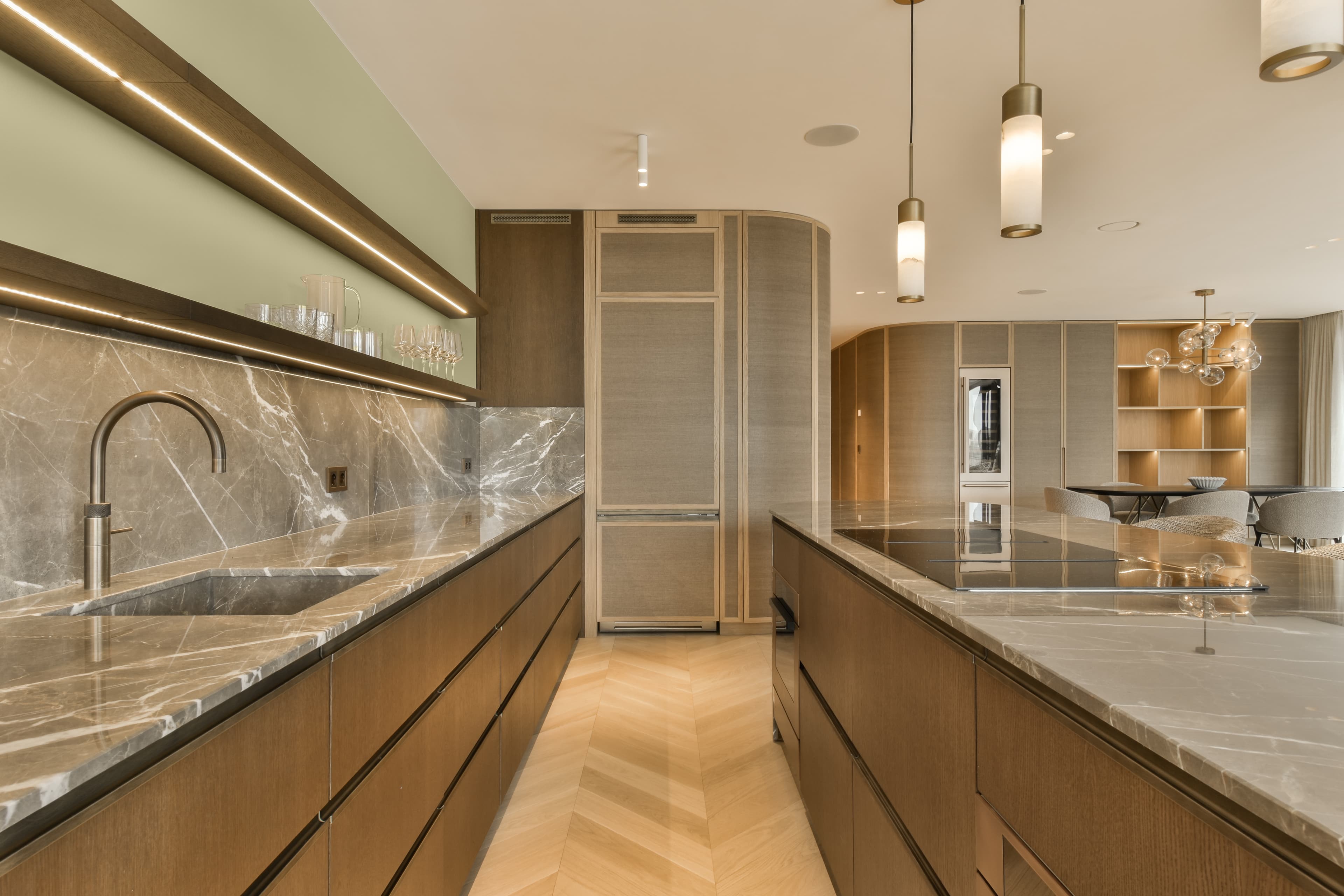 Luxury kitchen with floating wood shelves